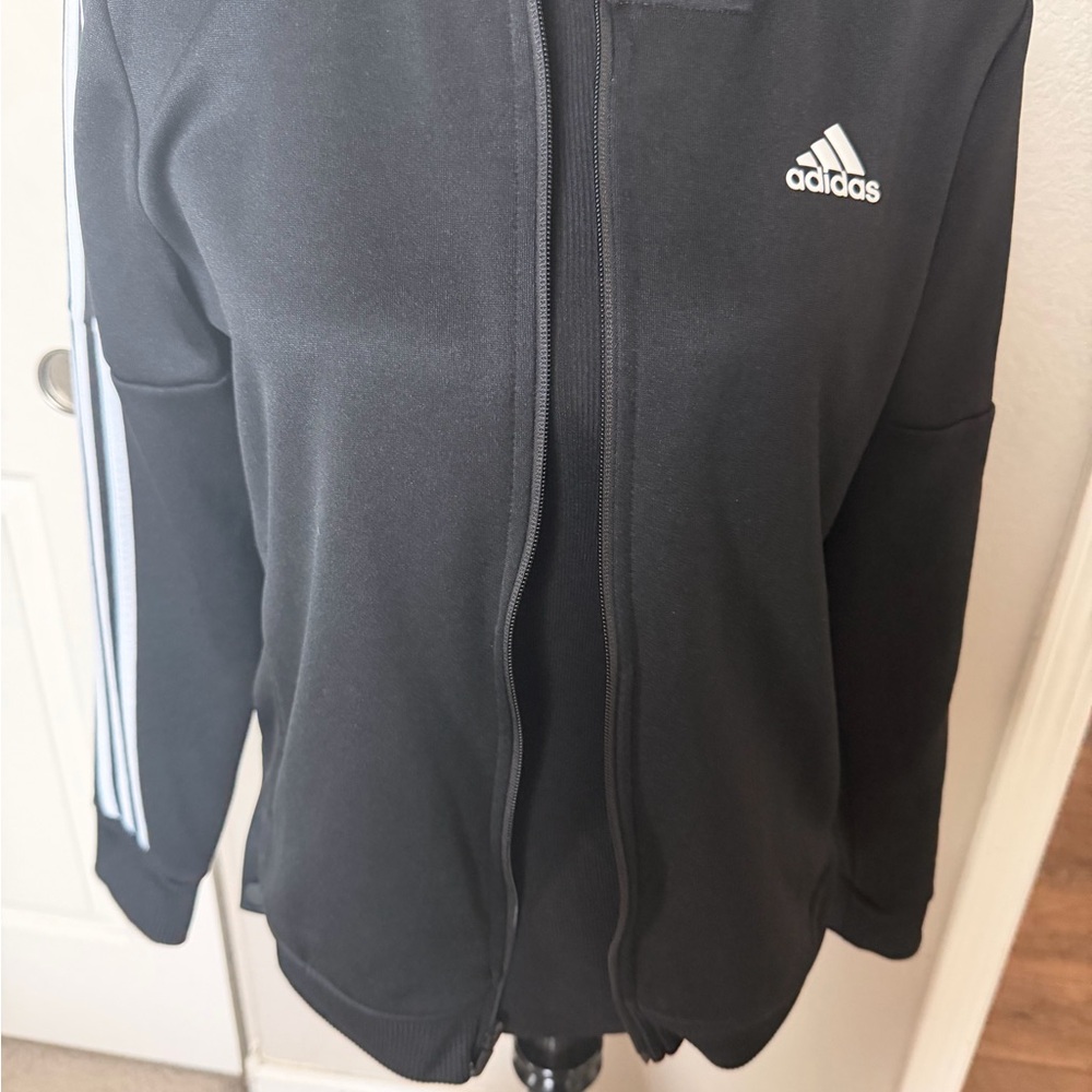 adidas Black Track Zip-Up Jacket with White Stripes and 3 side button snaps